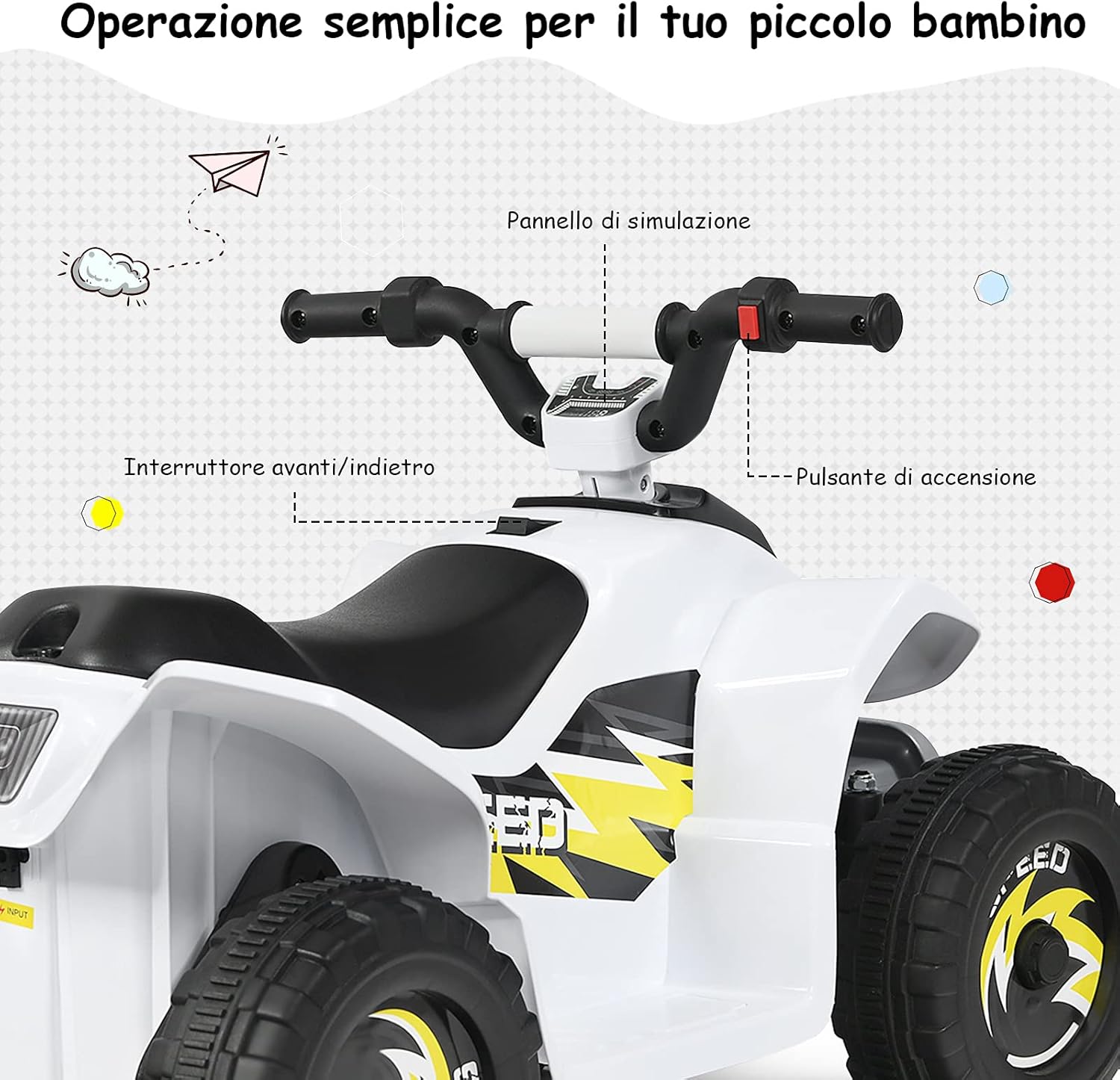 6V Quad Elettrico per Bambini con Batteria, Mini Quad con Funzione Avanti/Indietro, Velocità Massima 4,6 km/h (Bianco)