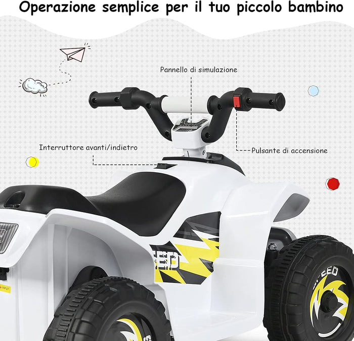 6V Quad Elettrico per Bambini con Batteria, Mini Quad con Funzione Avanti/Indietro, Velocità Massima 4,6 km/h (Bianco)