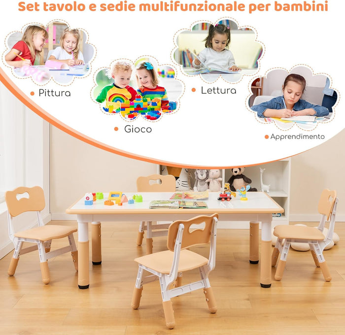 Set Tavolo e 4 Seide per Bambini, Scrivania Regolabile in Altezza con Piano Graffiti, Gambe Antiscivolo, Mobile Multifuzione con 4 Posti per Cameretta, Asilo e Scuola (Naturale)