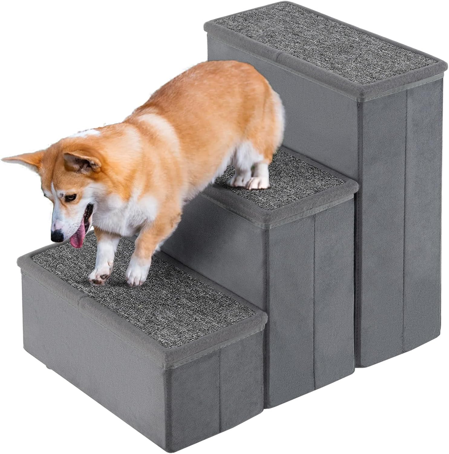 Scala per Cani, Rampe Pieghevole Antiscivolo per Animali Domestici con Scomparti di Stoccaggio per Giocattoli e Spuntini per Letti e Divani, Grigio (39 x 51 x 45cm)