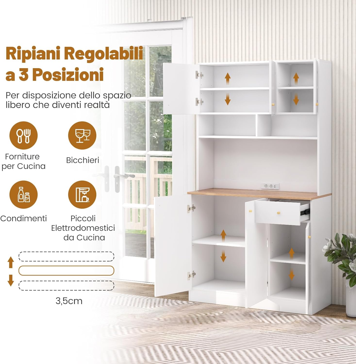 Armadio Dispensa da Cucina, Credenza da Cucina Alta con Ripiani Regolabili in 3 Posizioni, Illuminazione a LED e Presa Elettrica, per Sala da Pranzo, Soggiorno, Cucina, 100 x 40 x 181 cm