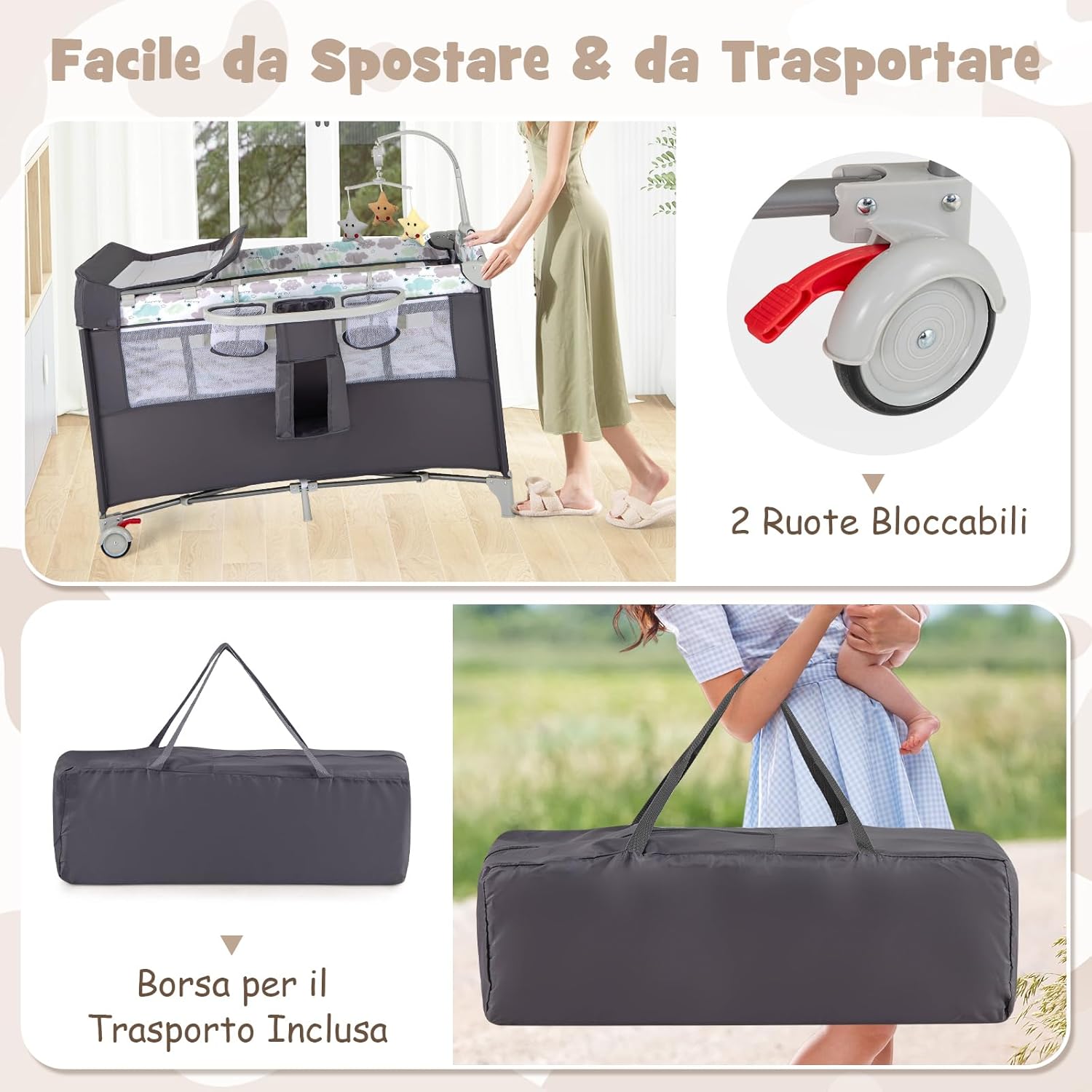 4 in 1 Lettino per Bambini con Materasso, Lettino Culla da Viaggio per Neonati, Culla Neonato con Fasciatoio, Box Portatile Pieghevole, con Ruote e Borsa, 125 x 65 x 119 cm (Grigio)