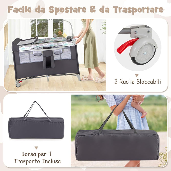 4 in 1 Lettino per Bambini con Materasso, Lettino Culla da Viaggio per Neonati, Culla Neonato con Fasciatoio, Box Portatile Pieghevole, con Ruote e Borsa, 125 x 65 x 119 cm (Grigio)
