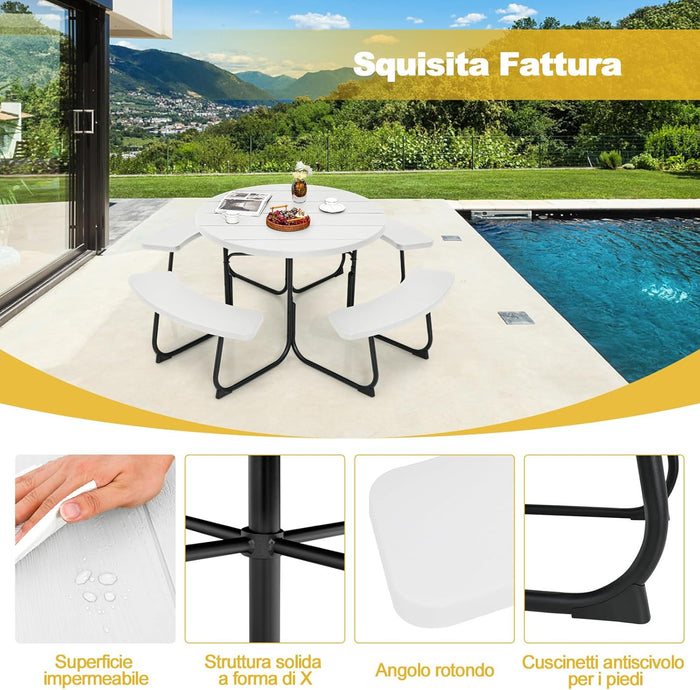 Set Tavolo da Picnic con 8 Posti, Tavolo da Picnic Rotondo con 4 Panche e Foro per Ombrellone, Tavolo da Campeggio Resistente in Metallo, per Giardino, Cortile, Patio (Bianco)