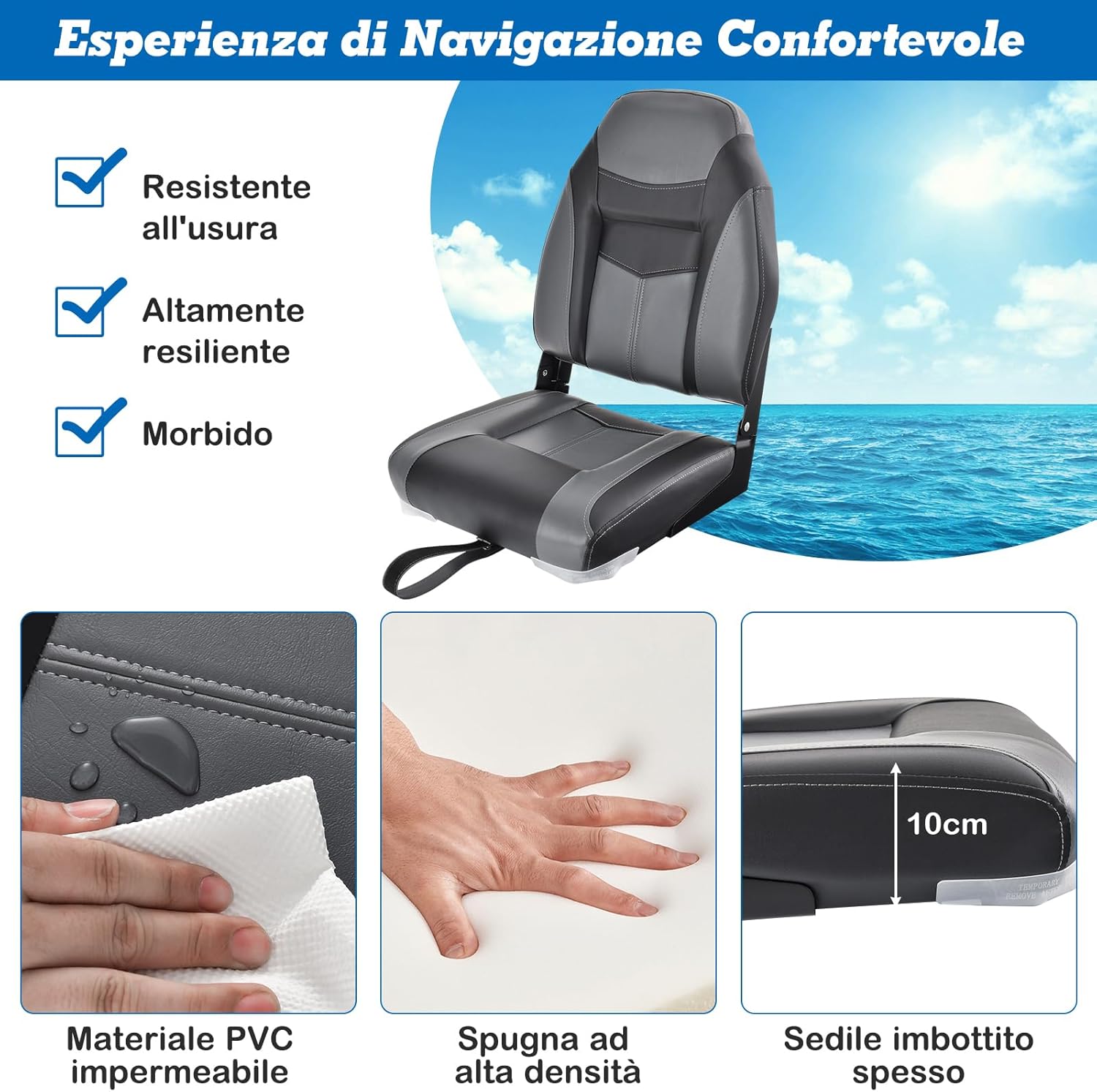 Sedia da Barca, Sedile da Barca Pieghevole con Morbido Cuscino Imbottito, Rivestimento in PVC Impermeabile, 44,5 x 51 x 61 cm (Grigio, 2)