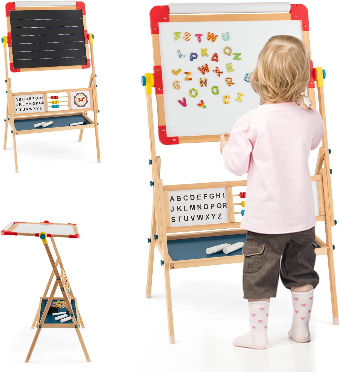Lavagna Magnetica per Bambini 3 in 1, Cavalletto per Bambini con Rotolo di Carta, Abaco Educativo, Orologio e Alfabeto, Girevole a 360°, Bifacciale, 62 x 45 x 118 cm