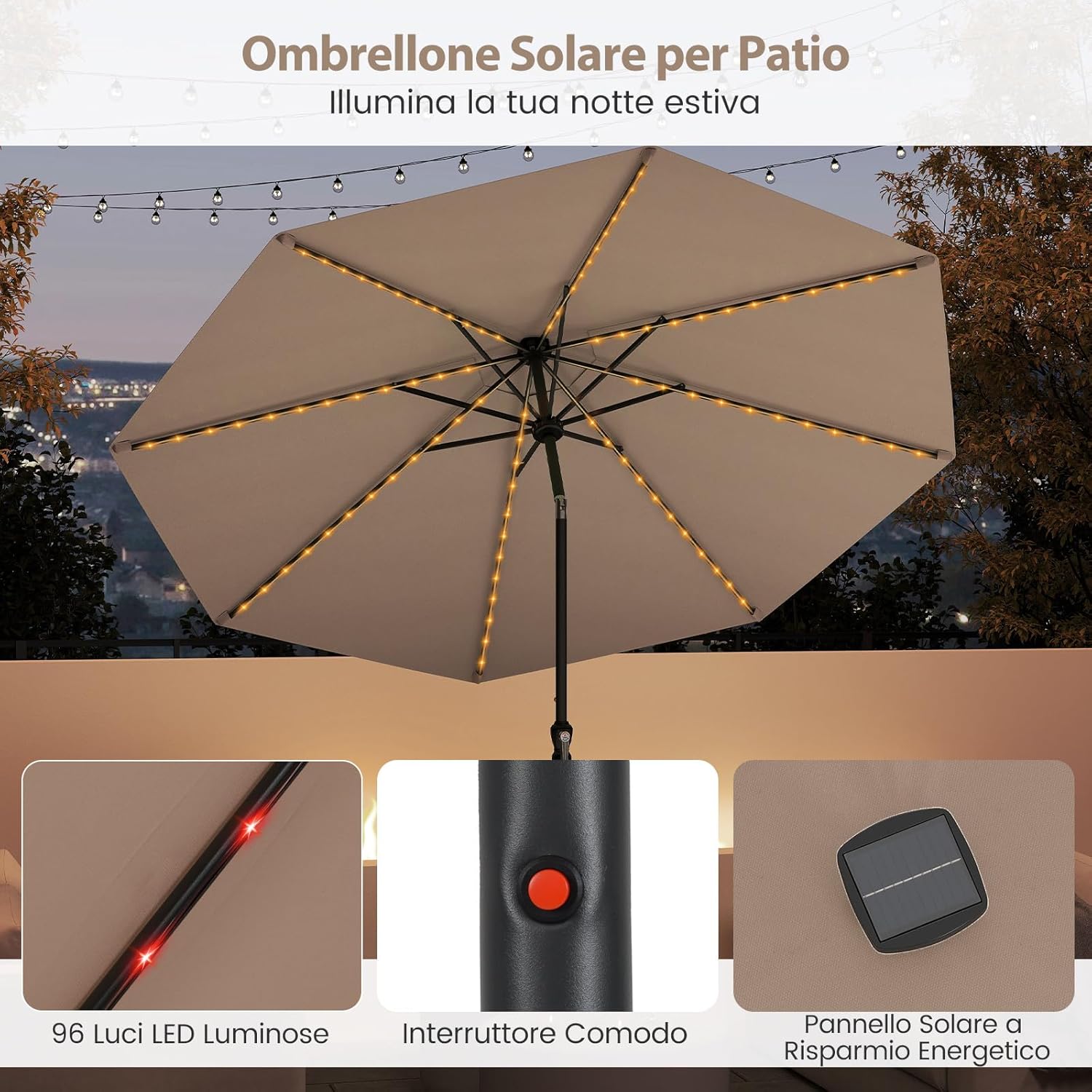 Ombrellone da Esterno 288 cm, con 96 Luci LED, Ombrellone Giardino con Inclinazione Regolabile, Manovella, 8 Stecche e Top Ventilato, Parasole da Mercato per Giardino Spiaggia (Marrone)