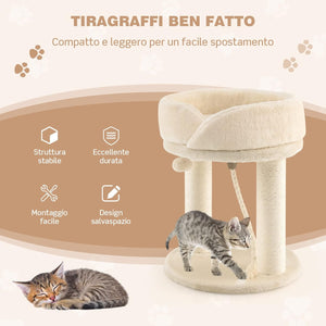 Tiragraffi per Gatti, Albero Tiragraffi Gatto con Cuccia in Peluche, Pallina, Corde e Tiragraffi in Sisal, Tiragraffi da Divano in Legno per Gatti Piccoli, 43 x 43 x 53 cm (Beige)