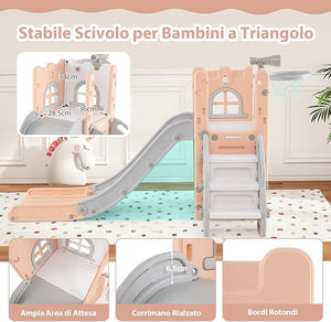 6 in 1 Scivolo per Bambini, Set da Gioco a Forma di L con Canestro da Basket e Telescopio, Spazio di Archiviazione, Scivolo da Interno ed Esterno per 1-3 Anni (Rosa)