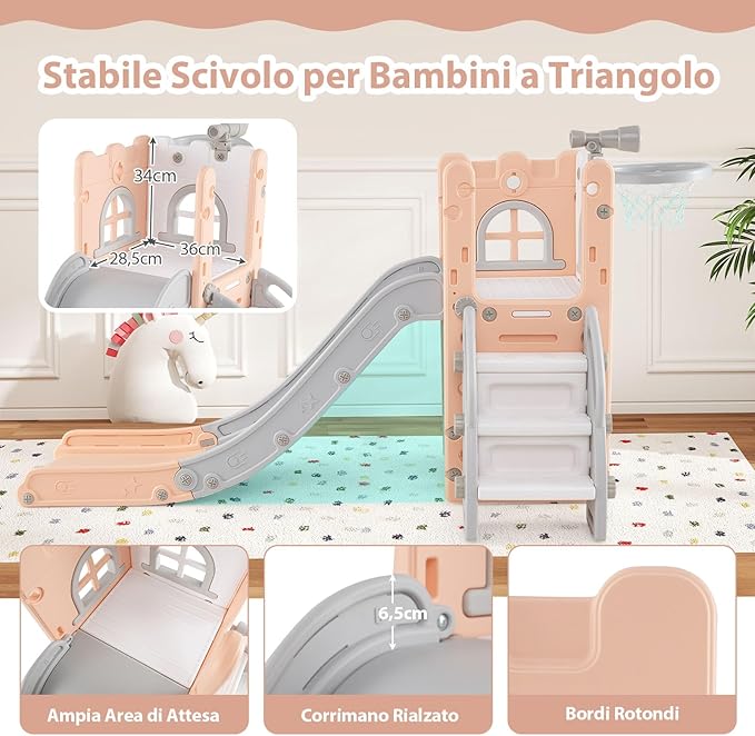 6 in 1 Scivolo per Bambini, Set da Gioco a Forma di L con Canestro da Basket e Telescopio, Spazio di Archiviazione, Scivolo da Interno ed Esterno per 1-3 Anni (Rosa)