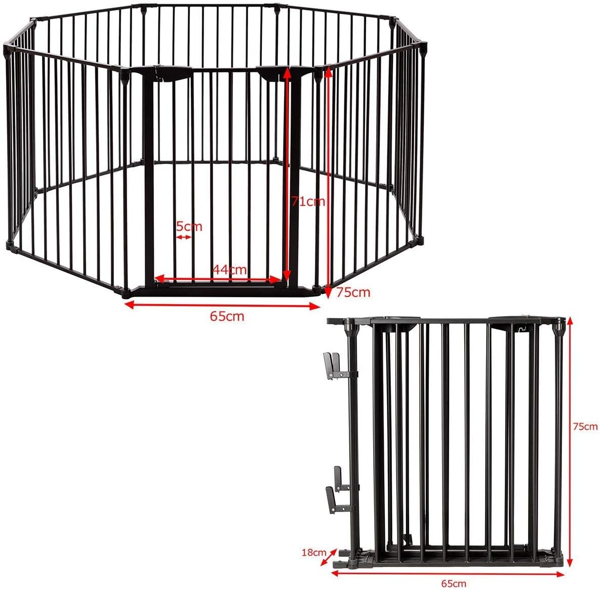 Cancelleto di Sicurezza, Barriera Protettiva per Camino Bambini Animali Domestici Scale, Pieghevole, Inclussa Una Porta e 8 Elementi Laterali, in Ferro, 500x 74,5cm (Nero)