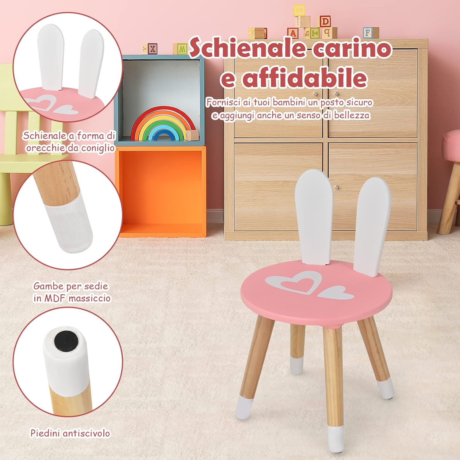 Toeletta Trucco 2 in 1 per Bambina, Specchiera a Forma di Coniglio Staccabile per Ragazza in Legno con Sgabello, Portapenni e Cassetto, Postazione Trucco, 60 x 34 x 103cm (Rosa)