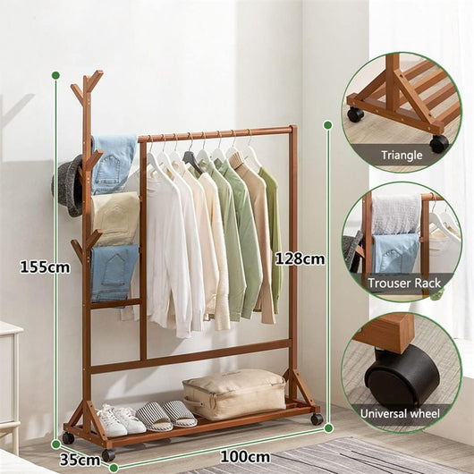 Appendiabiti Appendiabiti Appendiabiti con Ruote, Appendiabiti in Legno con Gancio e Portascarpe a 1 Ripiano, Organizer Multifunzionale per Camera da Letto/Marrone a/100 * 35 * 155Cm