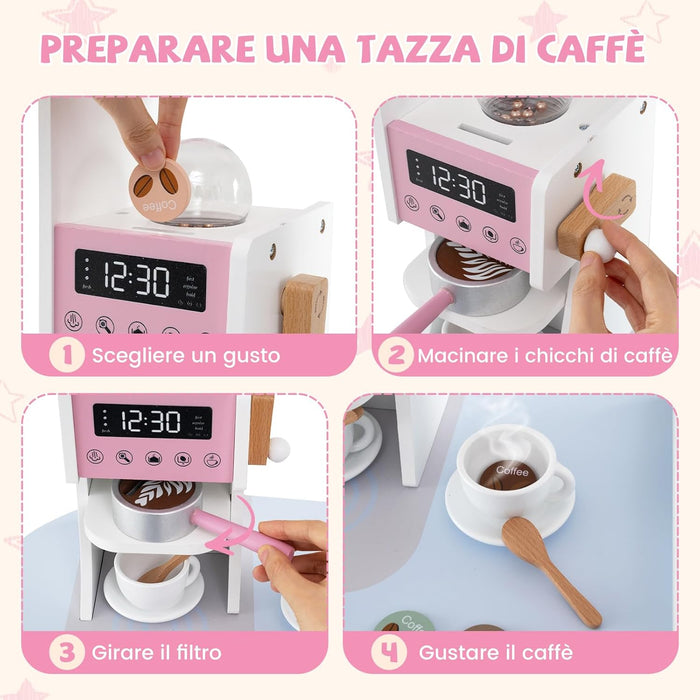 Cucina Giocattolo Angolare con Fornelli e Micronde da Suoni e Luci, Cucina per Bambini in Legno con Macchina Caffè, Lavandelo, Forno e Lavatrice, Set Cucina con Accessori (Rosa)
