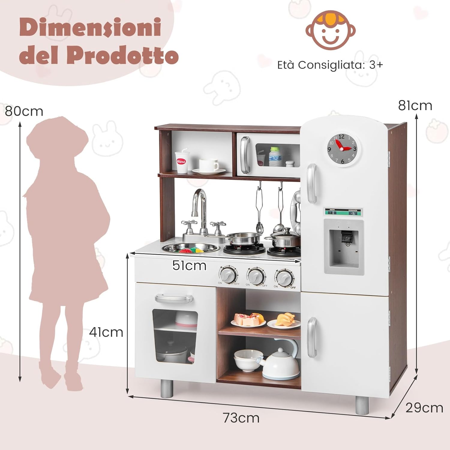 Cucina Giocattolo per Bambini, Cucina Legno per Bambini con Forno, Microonde, Frigorifero, Macchina del Ghiaccio, Lavello e Rubinetto, Funzione Luci e Suoni, per Bambini 3 Anni+