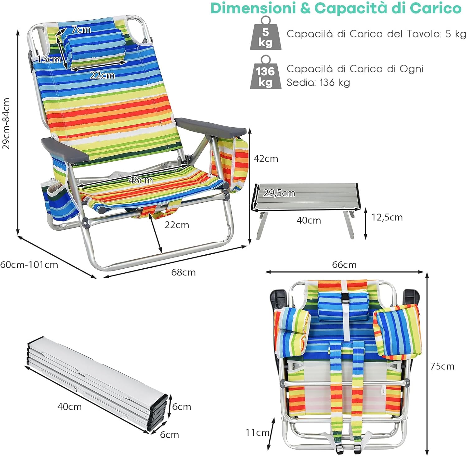 Set di Sedie da Spiaggia e Tavolino, Sedie da Esterno Reclinabili con Tavolino da Campeggio, Set di Tavolino in Alluminio e 2 Sedie Pieghevoli da Spiaggia a 5 Posizioni (Blu+Giallo)