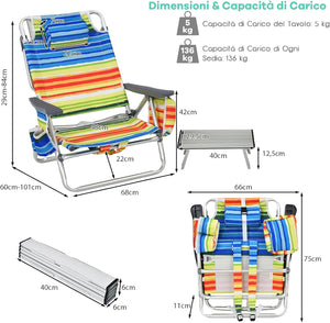 Set di Sedie da Spiaggia e Tavolino, Sedie da Esterno Reclinabili con Tavolino da Campeggio, Set di Tavolino in Alluminio e 2 Sedie Pieghevoli da Spiaggia a 5 Posizioni (Blu+Giallo)