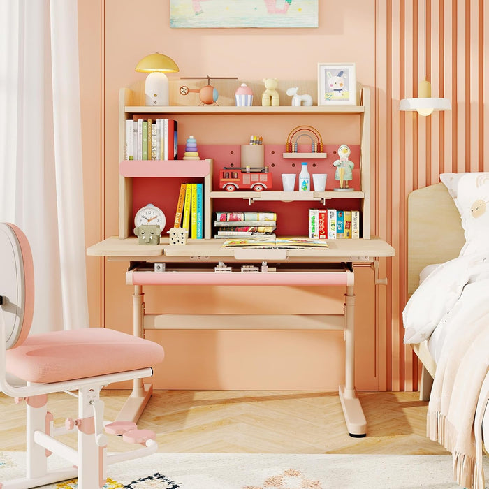 Scrivania per Bambini 3+ Anni, Tavolo da Studio Regolabile in Altezza con Libreria e Cassetto, Piano Inclinabile, Mensole, Leggio e Portapenne, Scrivania per Studiare (Rosa)