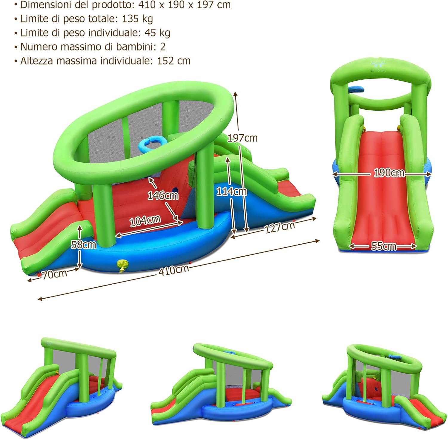 Castello Gonfiabile per Bambini, Casa Gonfiabile con Trampolino, 2 Scivoli, Parete da Arrampicata, Borsa di Trasporto e Kit di Riparazione, per Esterno e Interno (Senza soffiatore)