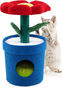Albero per Gatti con Posatoio a Forma di Fiore, Condominio a Forma di Vaso, Tiragraffi a Forma di Stelo, Foglie Flessibili, Centro di Attività Versatile per Animali Domestici (Rosso)