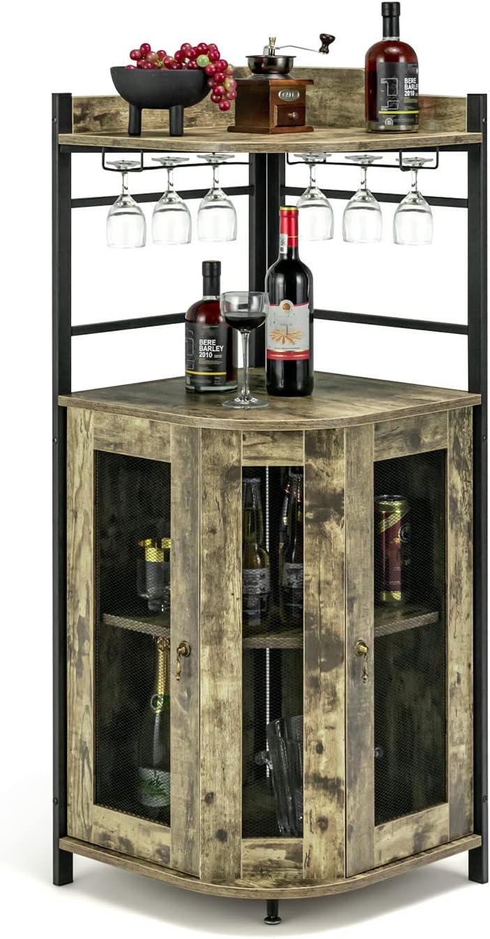 Mobile Bar Angolare, Mobiletto Multiuso con Porta Bicchieri, 2 Porte Ventilate in Rete Metallica e Ripiano Regolabile, per Cucina, Sala da Pranzo e Soggiorno (Marrone Rustico)