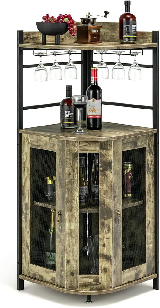 Mobile Bar Angolare, Mobiletto Multiuso con Porta Bicchieri, 2 Porte Ventilate in Rete Metallica e Ripiano Regolabile, per Cucina, Sala da Pranzo e Soggiorno (Marrone Rustico)