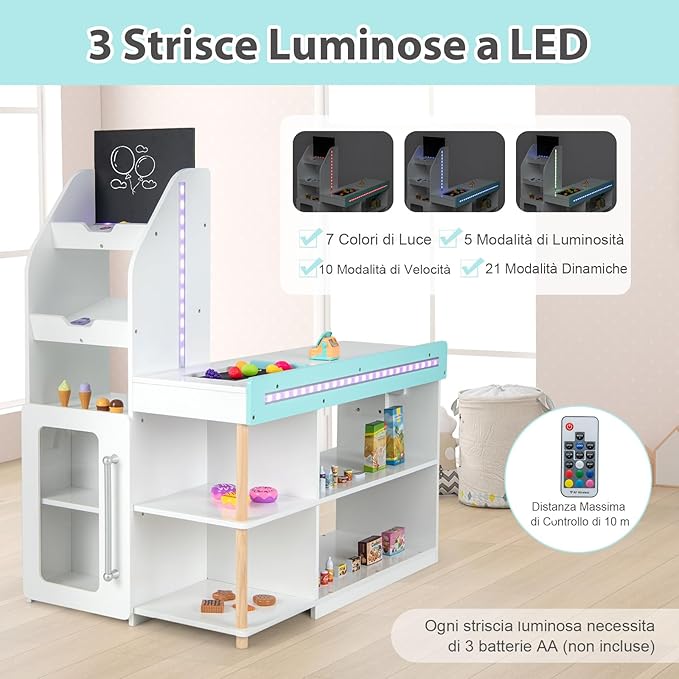 Set da Supermercato in Legno per Bambini, Gioco di Finta Spesa con Registratore di Cassa, Carrello della Spesa, Lavagna, Nastro Trasportatore, Mercato Interattivo con Contenitore e Luci LED