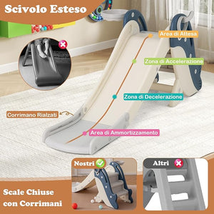 4 in 1 Scivolo per Bambini, Set da Giocattolo Arrampicata con Canestro da Basket Lancio Palla ed Anelli, Scivolo Pieghevole da Interno ed Esterno per Bambini 3 Anni +