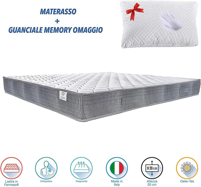 Kit materasso 160x190 h19 cm piu due guanciali in regalo fascia 5D traspirante super air ortopedico Farmarelax