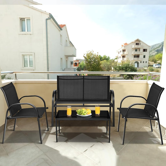 Set di 4 mobili da giardino con tavolino da salotto e panca da giardino e 2 sedie da pranzo, in tessuto, per 4 persone, per terrazze, giardino, set di sedute (nero)