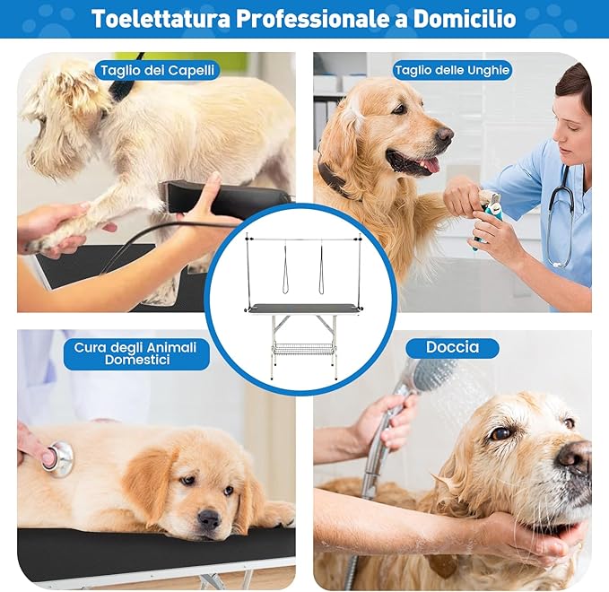 Tavolo da Toelettatura per Cani, Accessori Pieghevole per Toilette con Bracci Regolabili in Altezza, Guinzagli e Morsetti a Vassoio a Rete, Portata 150 kg (125 x 61 x 162,5 cm)