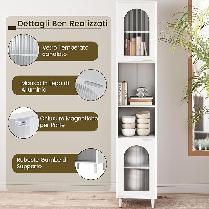 Mobiletto da Bagno, Armadio Alto in Legno con 2 Ante in Vetro Scanalato e Ripiani Regolabile, 35 x 30 x 180 cm, Mobile Salvaspazio per Cucina e Soggiorno