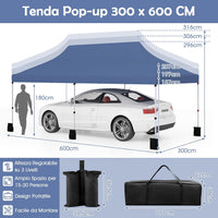 Gazebo Pieghevole da Giardino 3 x 6m, Gazebo Pop-up con Borsa da Trasporto, Regolabile in Altezza, per Feste (Blu)