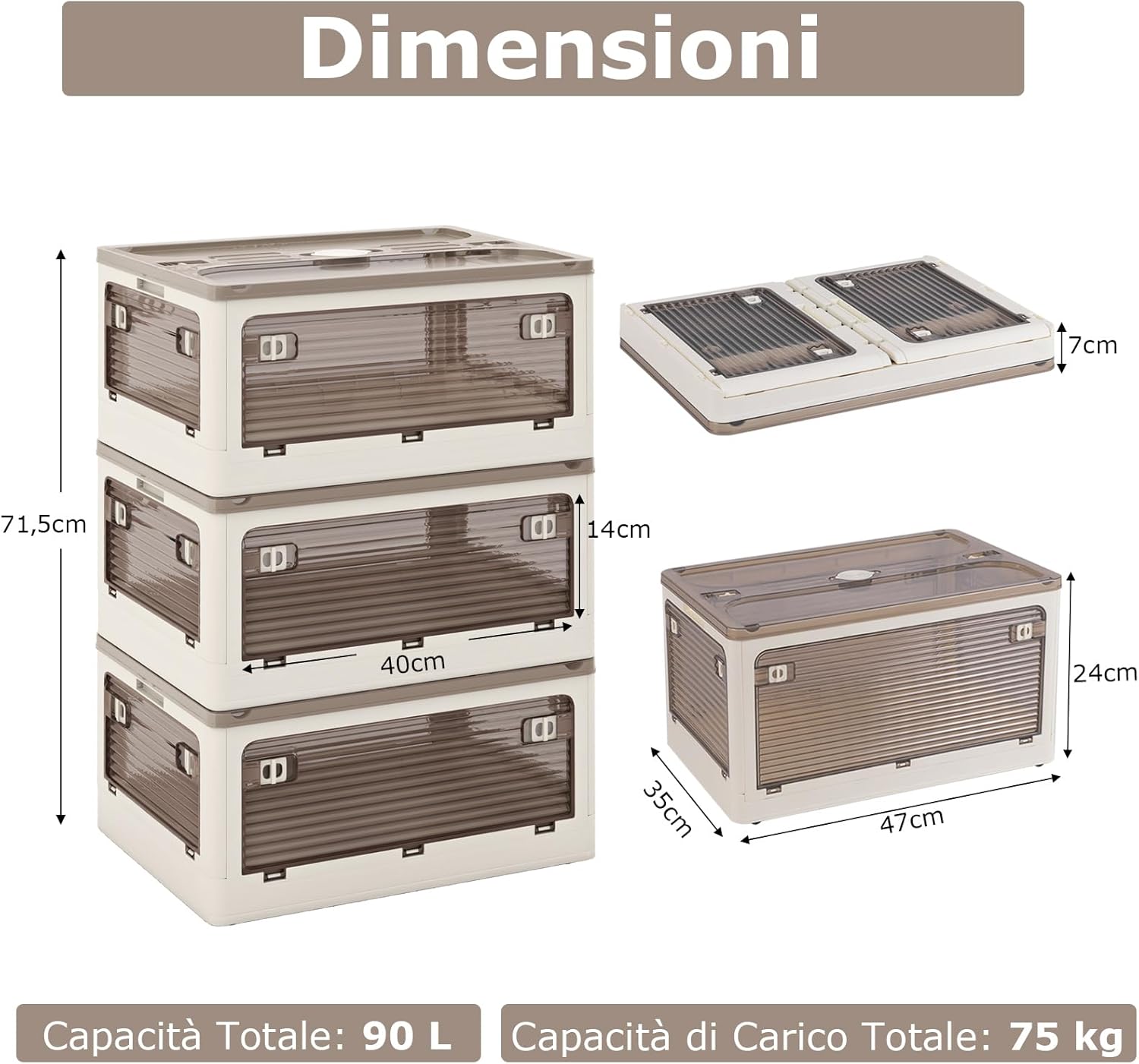 Set di 3 Contenitori Impilabili con Coperchi, Contenitori Pieghevoli in Plastica 132/90 L, Organizzatore con Ruote per Camera da Letto Soggiorno e Cucina (47x35x71,5cm)