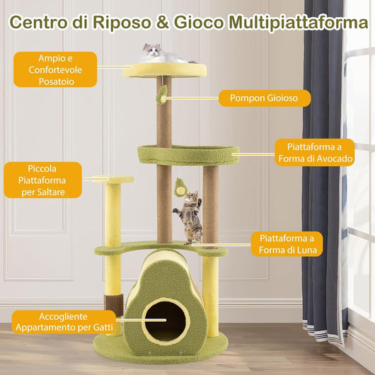 Albero per Gatti Multilivello 125 cm Stile Avocado, Tiragraffi Gatto con 3 Pali in Sisal, 4 Piattaforme, 2 Pompon e Grotta, Cuccia Albero Gatto Imbottito in Peluche con Tavola di Juta