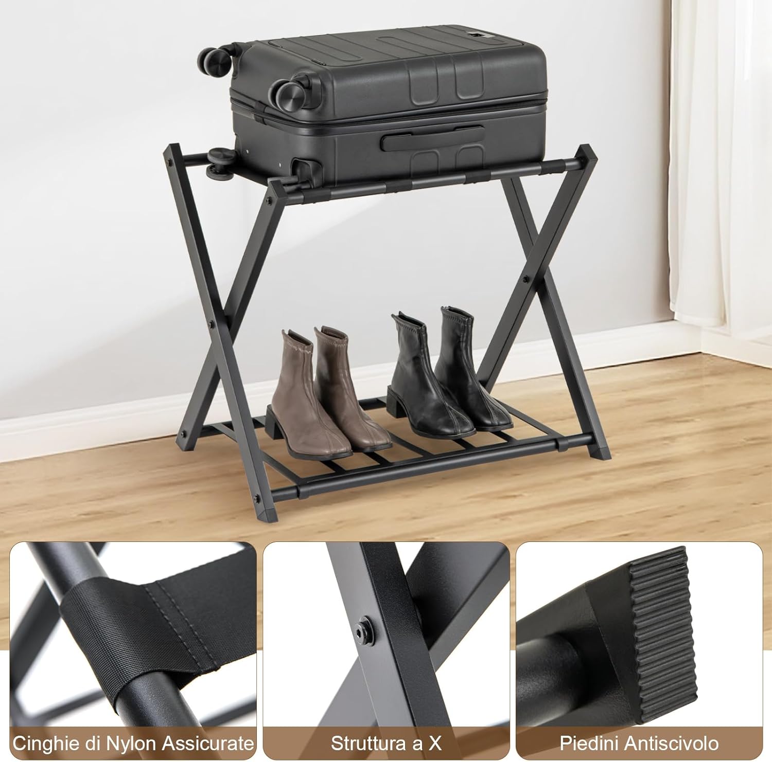 Portavaligie Pieghevole, Porta Valigie Poggia Bagaglio a 2 Ripiani, Cavalletto da Valigie, per Hotel e Viaggio, in Metallo, 68 x 43 x 56 cm (Nero 1)