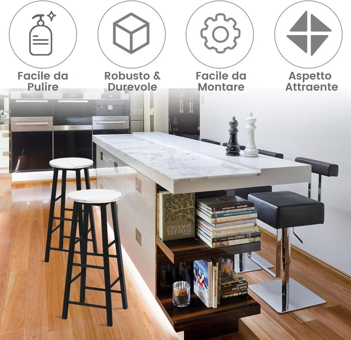 Set di 2 Sgabelli da Bar, Sgabelli da Cucina con Gamba Quadrata e Poggiapiedi, Sgabelli da Bar in Altezza da Pub, 29 x 29 x 71 cm (Bianco)