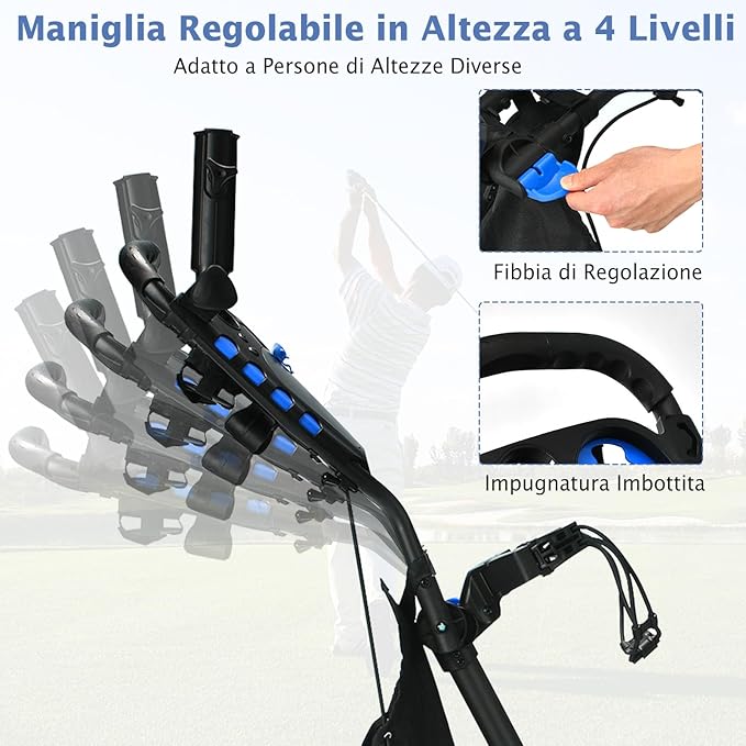 Carrello da Golf a Spinta e a Trazione, Carrello Golf Pieghevole Leggero a 4 Ruote con Borsa Impermeabile, Freno a Pedale, Porta Tazza e Porta Ombrello Regolabile(Blu)