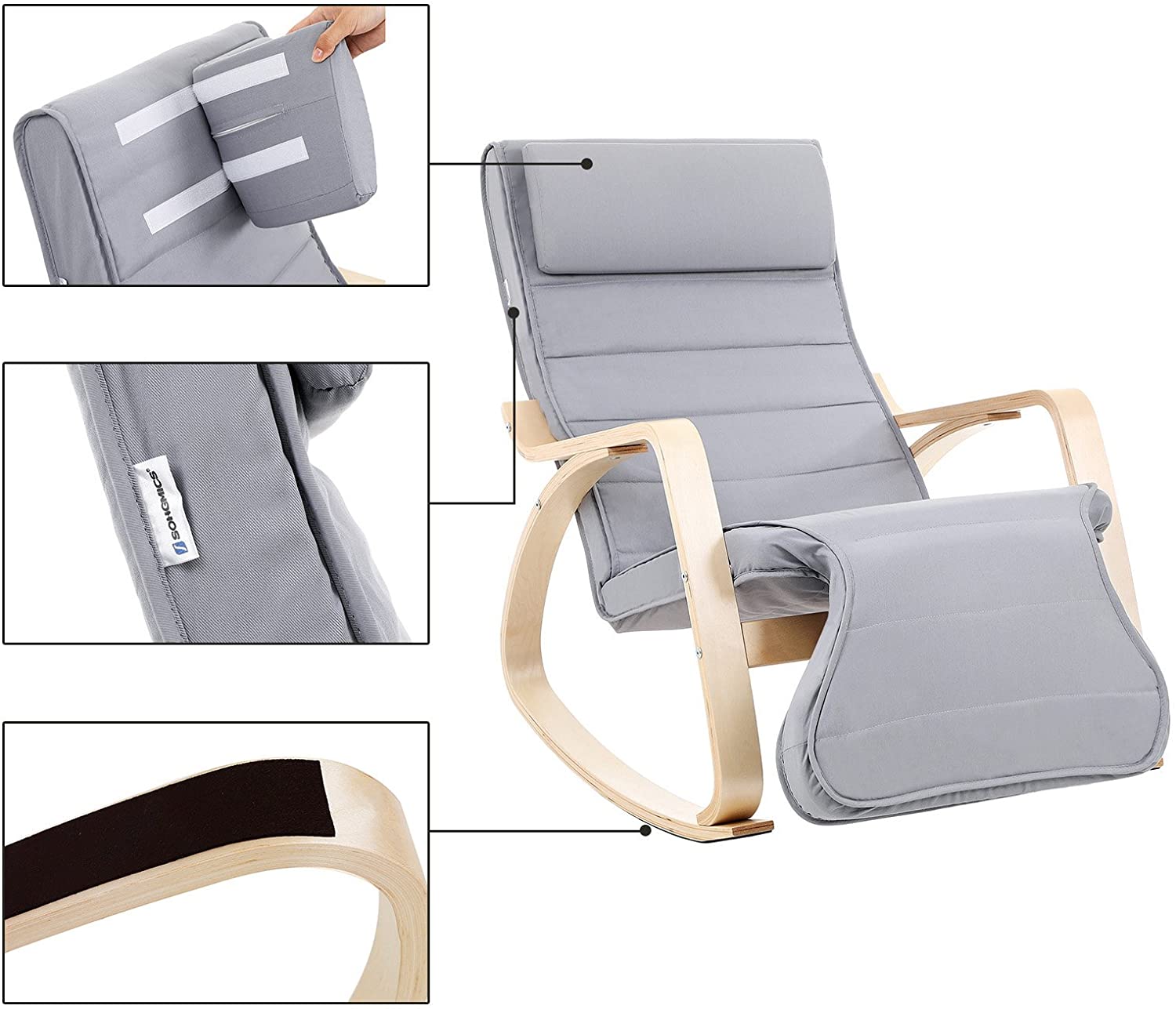 Sedia a dondolo con poggiapiedi regolabile su 5 livelli max. carico 150 kg grigio 12_0000594