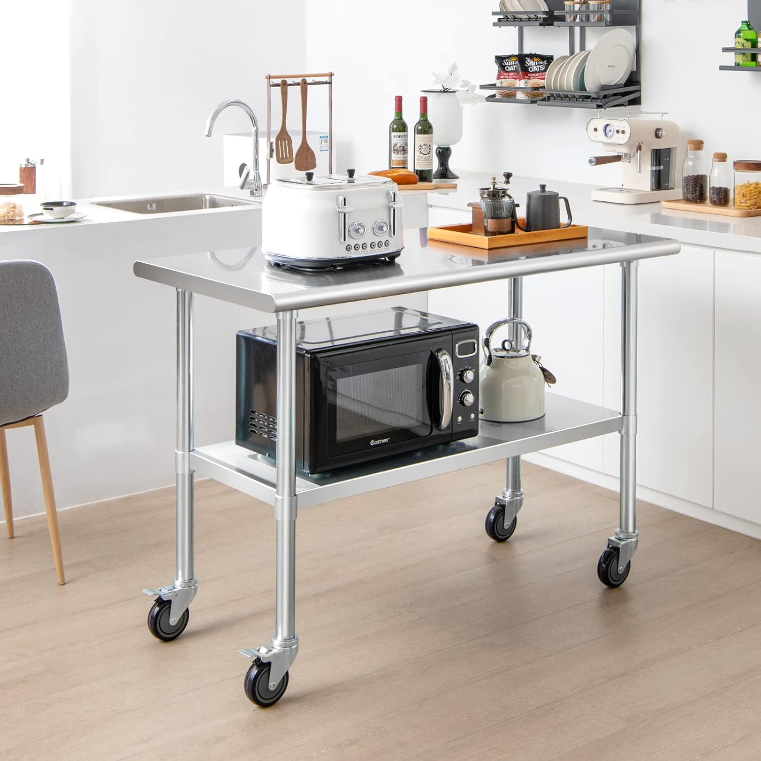 Tavolo da Lavoro in Acciaio Inox, con 4 Ruote Bloccabili Gambe Zincate e Ripiano Regolabile, Tavolo Multiuso per Cucina Ristorante e Lavanderia, 122 x 61 cm, Argento