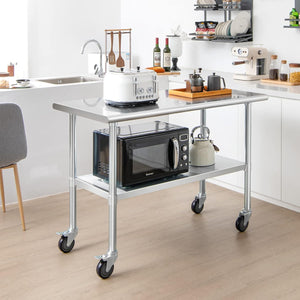 Tavolo da Lavoro in Acciaio Inox, con 4 Ruote Bloccabili Gambe Zincate e Ripiano Regolabile, Tavolo Multiuso per Cucina Ristorante e Lavanderia, 122 x 61 cm, Argento
