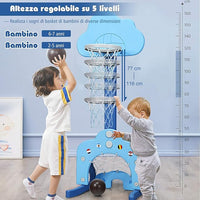 Basket per Bambini Centro attività Multifunzione - Palla Canestro, Calcio e Golf, Mazza da Golf e Palle incluese, per Bambini, Altezza Regolabile (Nuvola Azzurra)