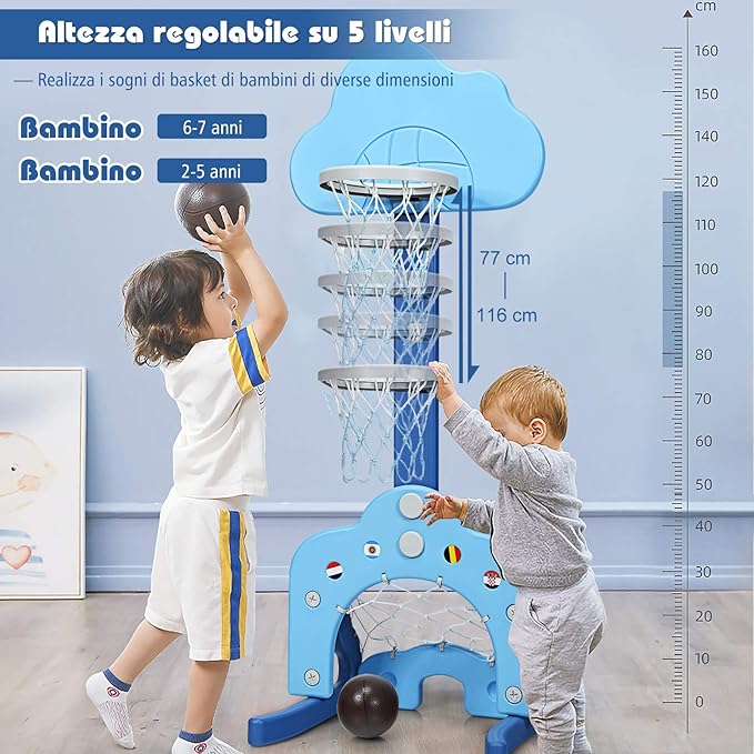 Basket per Bambini Centro attività Multifunzione - Palla Canestro, Calcio e Golf, Mazza da Golf e Palle incluese, per Bambini, Altezza Regolabile (Nuvola Azzurra)