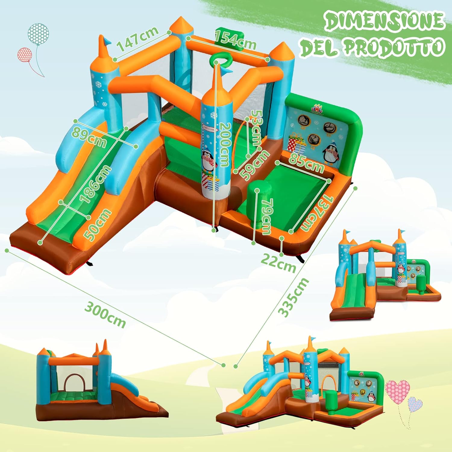 Castello gonfiabile per Bambini, Con Scivolo, Trampolino, Canestro da Basket e Sacco da Box, per 3 Bambini di 3-12 Anni, Con Borsa di Trasporto e Kit di Riparazione (Senza soffiatore)