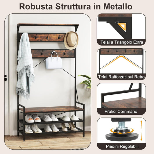 4 in 1 Appendiabiti da Ingresso, Armadio con Panca per Scarpe Scarpiera a 2 Ripiani, Struttura in Metallo e Kit Antivibrazione, 102 x 40 x 184 cm (Marrone)