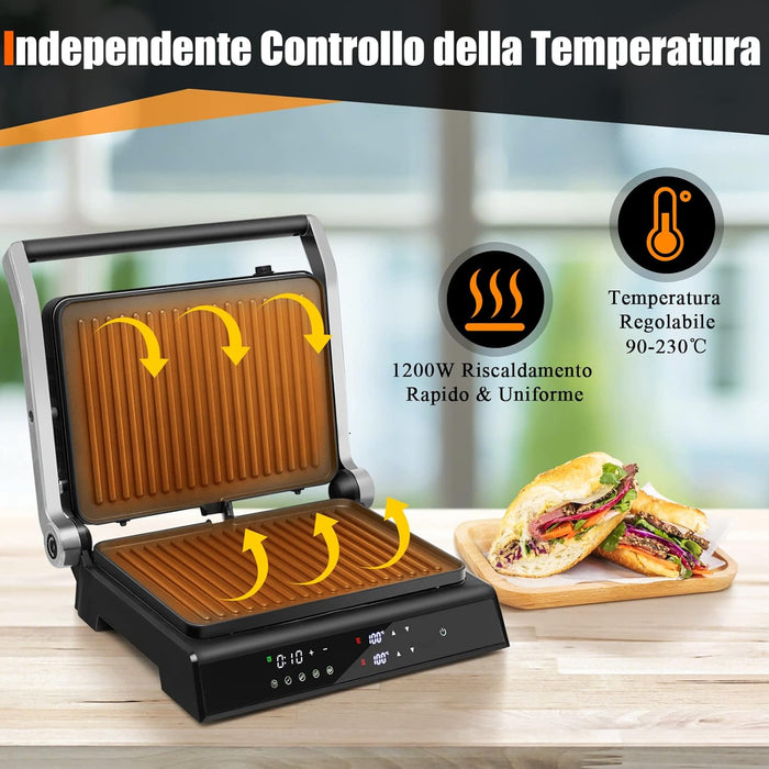 3 in 1 Piastre per Panini 2000 W, Bistecchiera Elettrica con 5 Modalità Automatiche, Cottura Bifacciali, Timer 0-4H e Display a LED, Materiale Antiaderente, Ideale per Panini e Barbecue