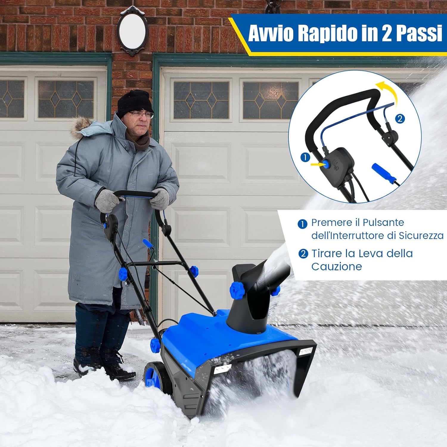 Spazzaneve Elettrico da Terra con Doppie Luci, Fresa da Neve con Scivolo Rotante a 180°, Distanza di Lancio 9 m, Macchina Sgombraneve per Giardino, Blu