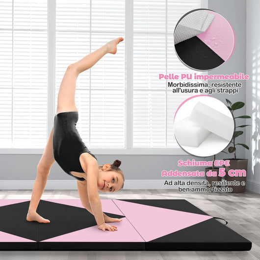 Tappetino Ginnastica Pieghevole 240 CM, Tappetino Fitness con Maniglie e Chiusure a Strappo per Stretching, Yoga, Arti Marziali da Casa e Palestra