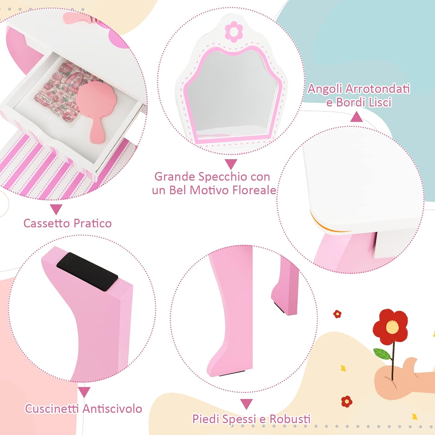 Toeletta Trucco per Bambina, Specchiera per Ragazzi in Legno, Postazione Trucco Robusto 2 in 1 con Cassetto, Sgabello e Specchio Staccabile, 49 x 34 x 86 cm, Bianco e Rosa