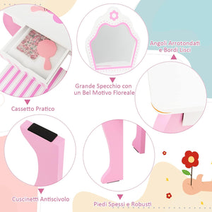 Toeletta Trucco per Bambina, Specchiera per Ragazzi in Legno, Postazione Trucco Robusto 2 in 1 con Cassetto, Sgabello e Specchio Staccabile, 49 x 34 x 86 cm, Bianco e Rosa